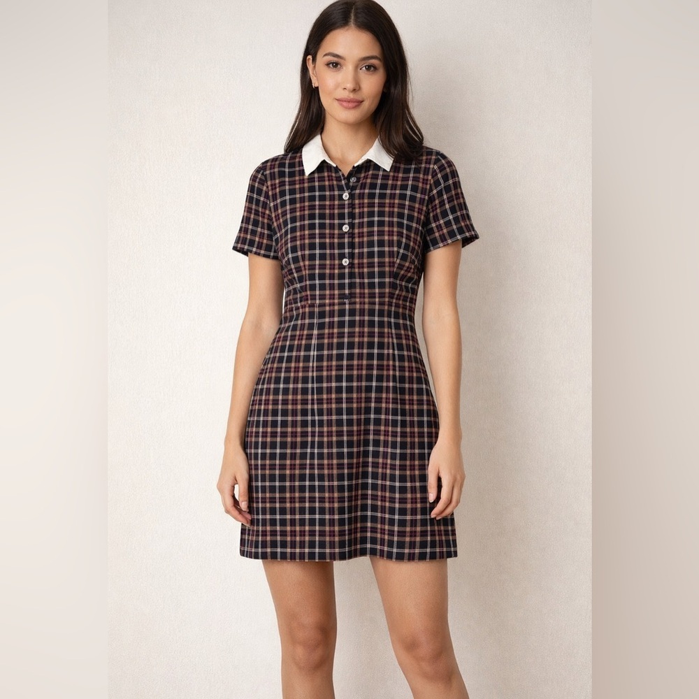 CeCe Navy and Cream Plaid Mini Dress with White Collar